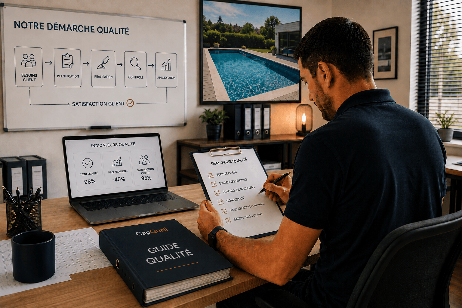 Accompagnement des TPE PME à la mise en place et au suivi d'une démarche qualité et à la préparation d'audits de Certification de Services. Spécialisé contructeurs de piscine, audits Socotec.