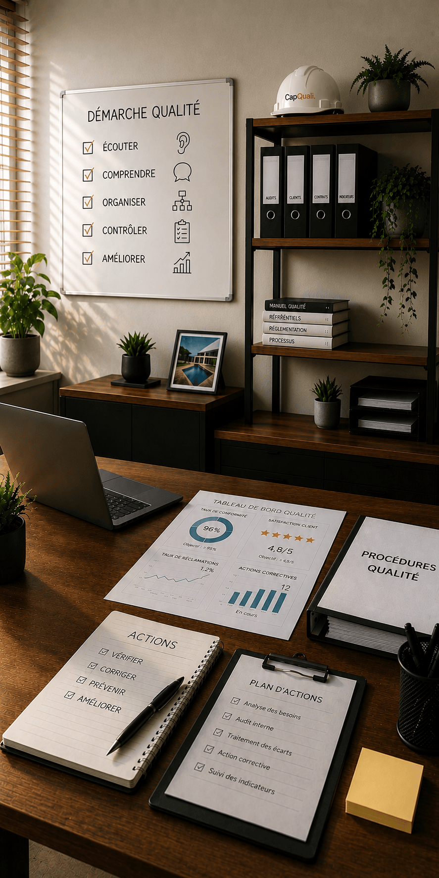 Accompagnement des TPE PME à la mise en place et au suivi d'une démarche qualité et à la préparation d'audits de Certification de Services. Spécialisé contructeurs de piscine, audits Socotec.